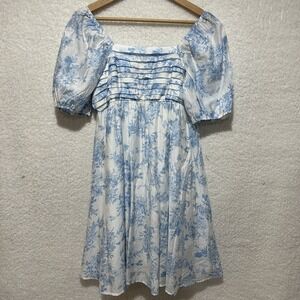Sweet Wanderer Maternity Blue floral Print Puff Sleeves  Midi-length Dress Sz S